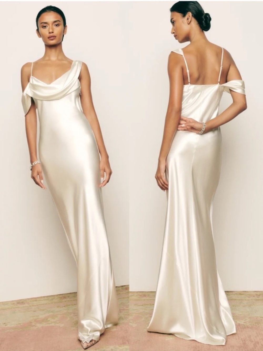 Reformation Ronda Silk Dress Ivory Maxi Wedding Gown Cowl Neck Elegant Size 4